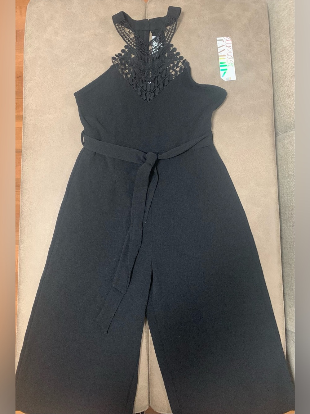 Almost Famous Black Sleeveless Crochet Lace Neckline Wide Leg Jumpsuit NEW Jr XL